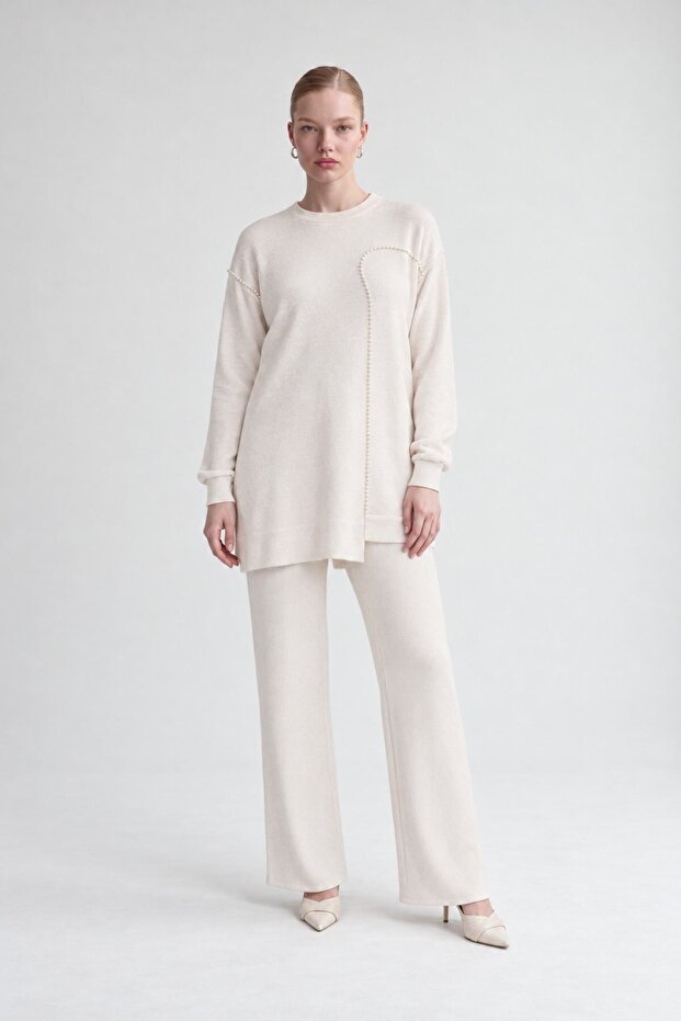 Striped Pearl Cashmere Double Set Cream
