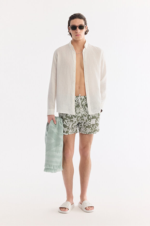 Men's Khaki Quick Dry Printed Relaxed Fit Swim Shorts with Bag A61Y3810