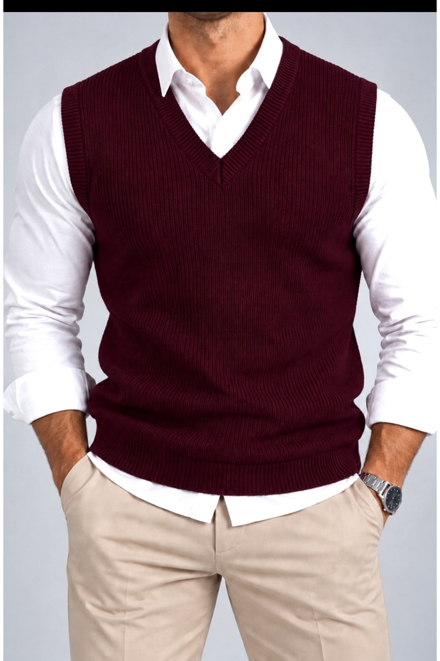 Men's Burgundy Standard Fit Regular Cut V-Neck Knitwear Sweater