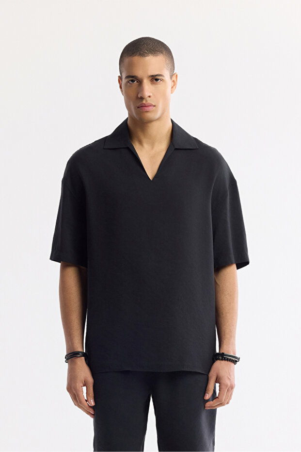 Men's Black Polo Collar Soft Touch Short Sleeve Comfort Fit Shirt A51Y2140