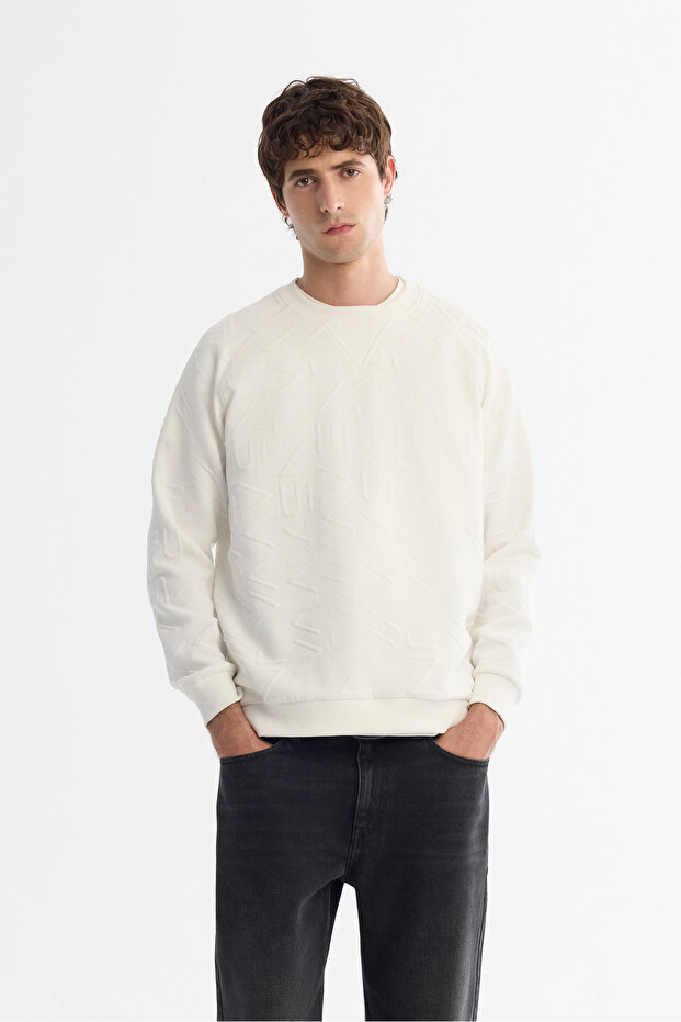 Men's Ecru Crew Neck Printed Elastane Regular Fit Sweatshirt A42Y1335