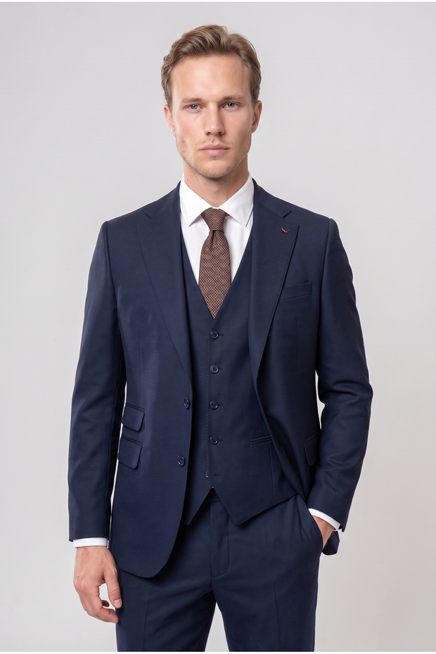 Ds Groom Slim Fit Navy Blue Dobby Suit with Vest