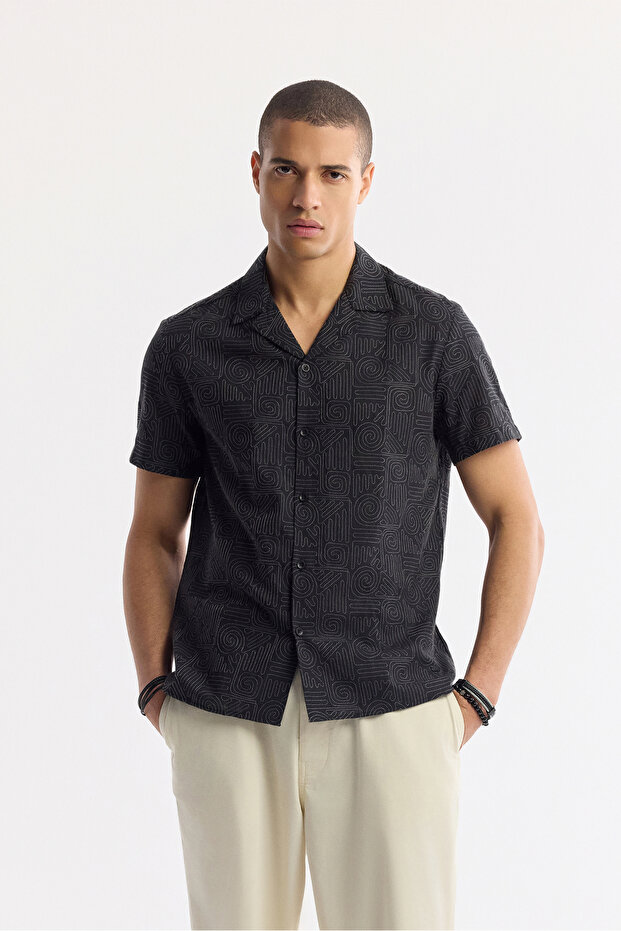 Men's Black Apaj Collar Patterned 100% Cotton Short Sleeve Regular Fit Shirt A51Y2095
