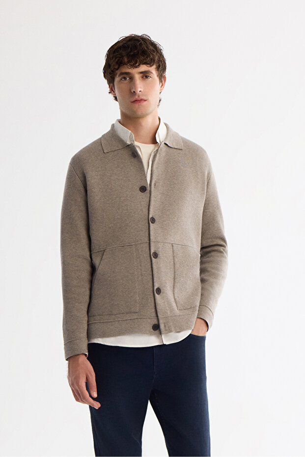 Men's Mink Polo Neck Wool Blend Kangaroo Pocket Knitwear Regular Fit Cardigan A42Y5141
