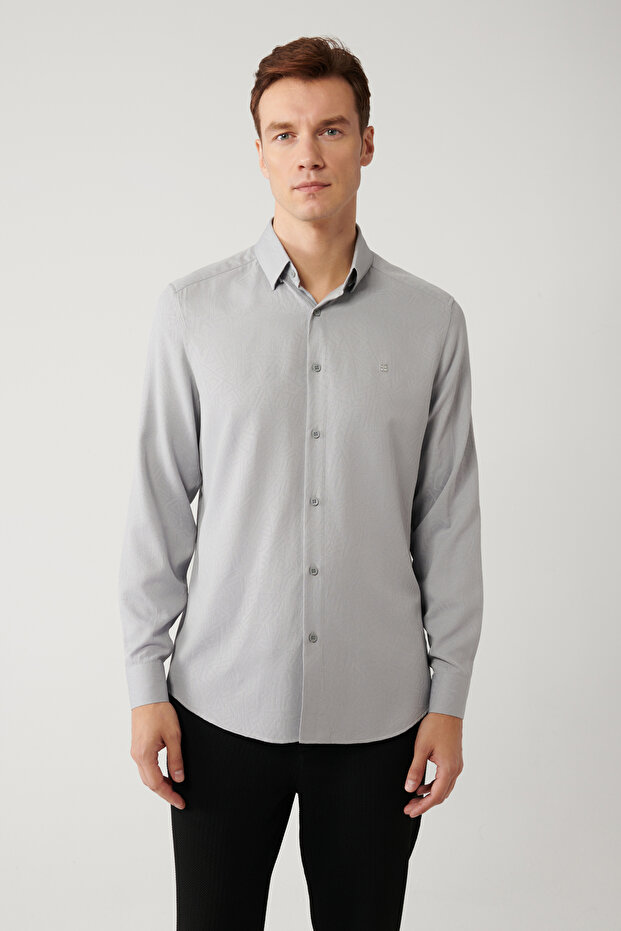 Men's Gray Bottomed Britli Collar Easy-Iron Slim Fit Shirt A41Y2043