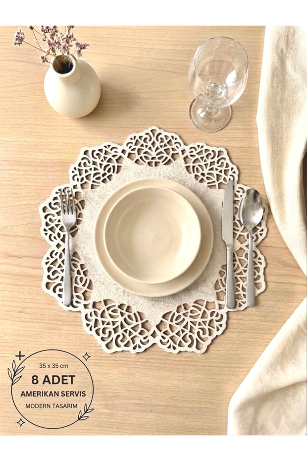 Beige (Dark Cream) Suede Fabric Round Placemat American Serving Set of 8 35X35Cm