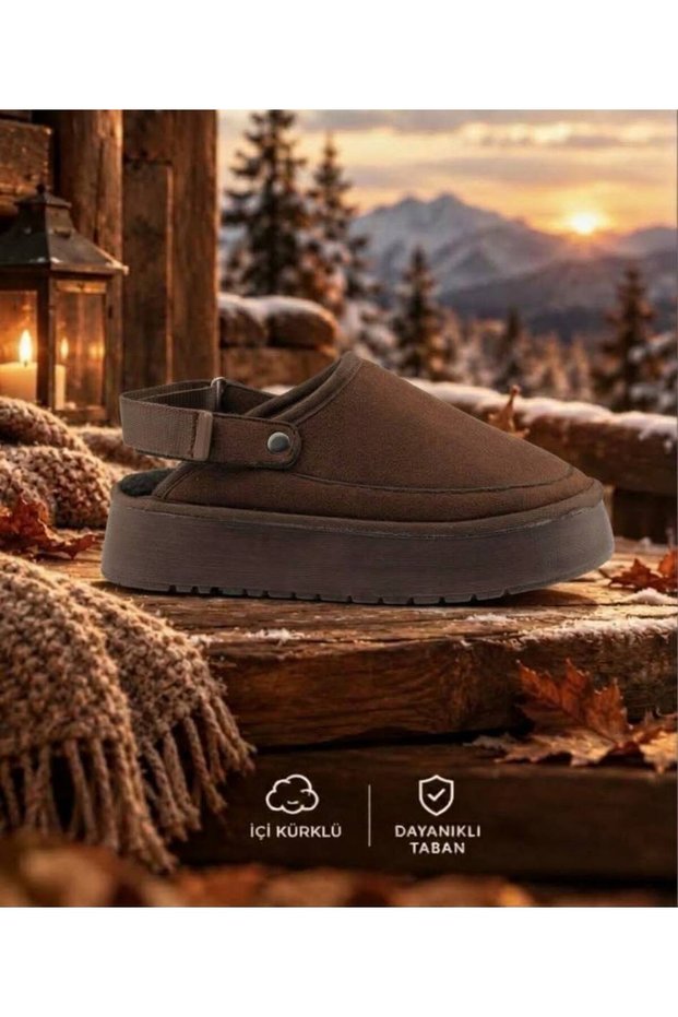 Women's Platform Brown Slippers with Fur Inside and Adjustable Velcro on the Back 9000-102