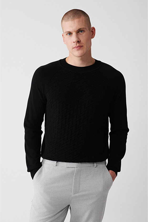 Men's Black Crew Neck Raglan Sleeve Knitwear Sweater A32Y5155