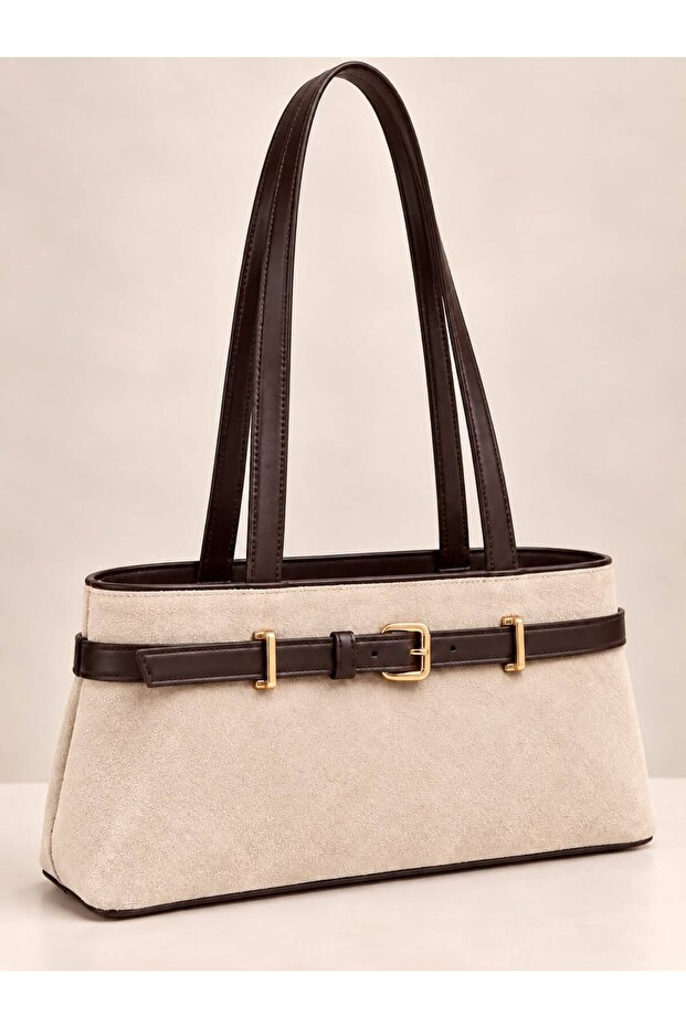 Women's Leather Belt Detail Cream Suede Luxury Shoulder Bag