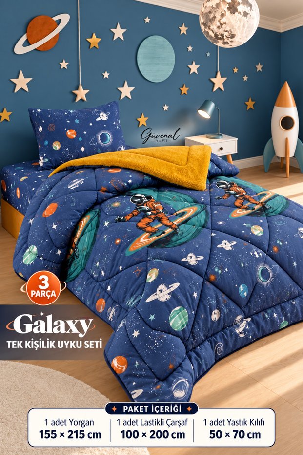 Galaxy |   Space Patterned Wellsoft Double-Sided Single Elastic Sheet + Pillowcase Sleeping Set |   Bedspread |   Quilt |   Elastic Fitted Sheet |   Pillowcase |   Space |   Sleep - 3 Pieces