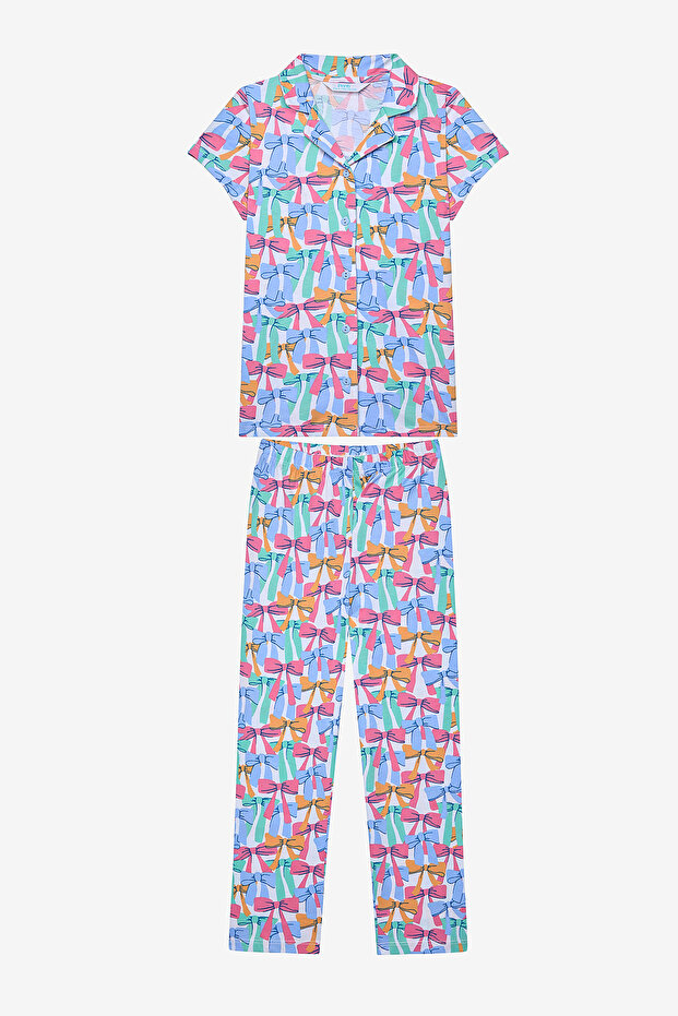 Girl's Colorful Bows Shirt Off White Pajama Set