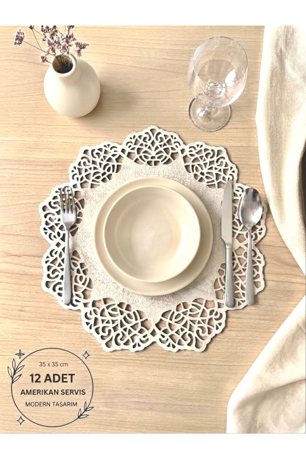 Beige (Dark Cream) Suede Fabric Round Placemat American Serving Set 12 Pieces 35X35Cm