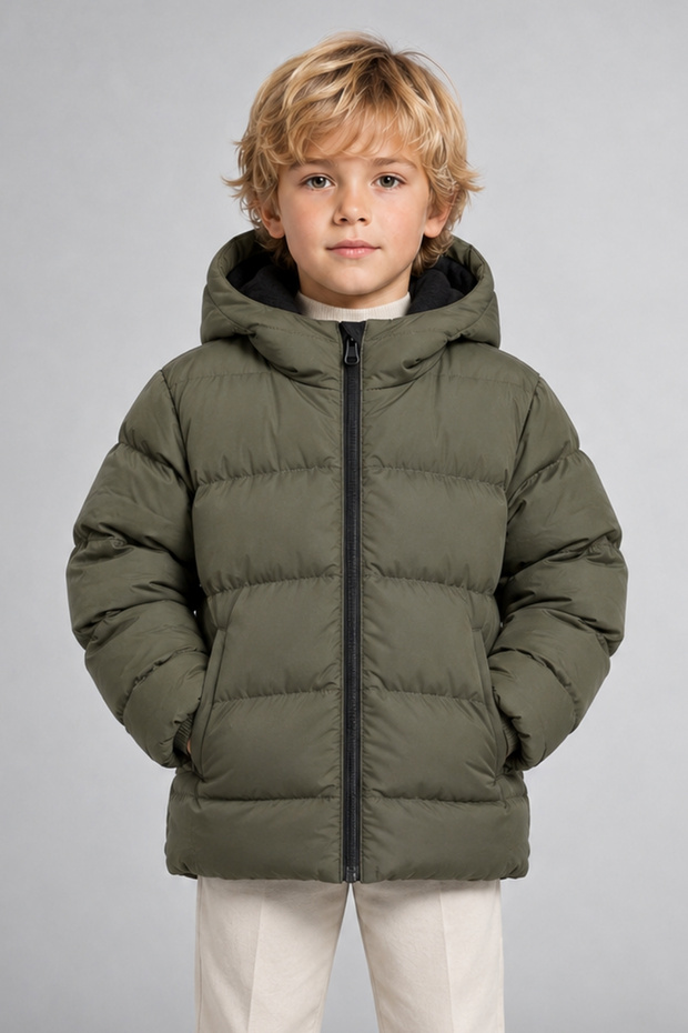 Boy's Khaki Fleece Fur Hooded Waterproof Wind Resistant Inflatable Winter Coat