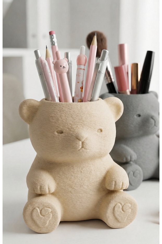 3D Printed Cute Teddy Bear Pen Holder - Desktop Organizer - Beige