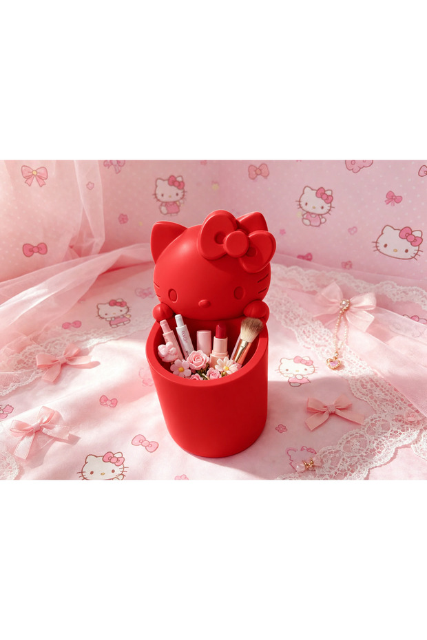 3D Printed Cute Cat Figurine Pen Holder with Bow - Desktop Organizer - Red