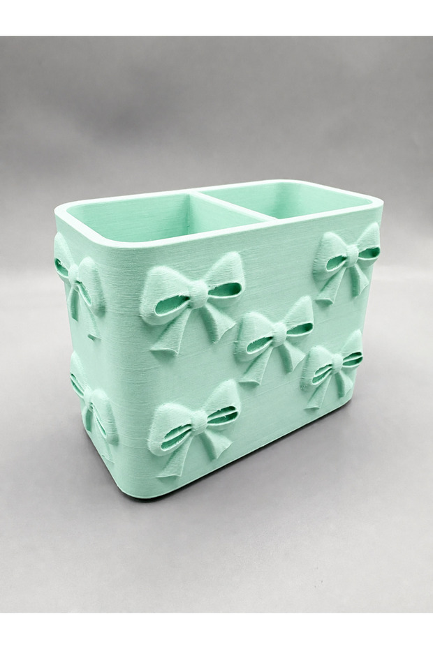 3D Printed Bow Patterned Compartmented Pen Holder - Desktop Organizer - Mint