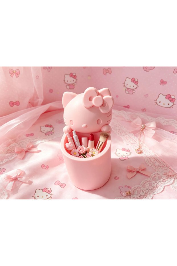 3D Printed Cute Cat Figurine Pen Holder with Bow - Desktop Organizer - Pink