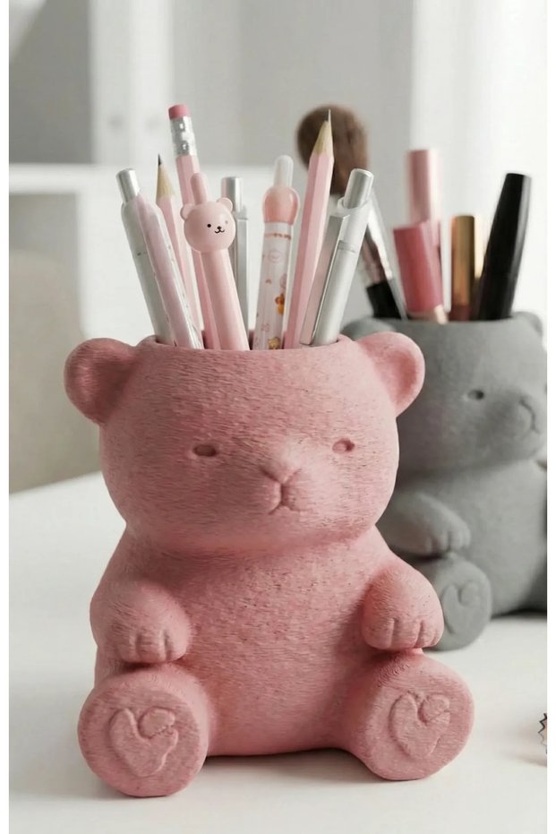 3D Printed Cute Teddy Bear Pen Holder - Desktop Organizer - Pink