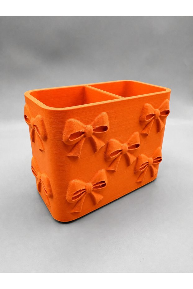 3D Printed Bow Patterned Pen Holder with Compartments - Desktop Organizer - Orange