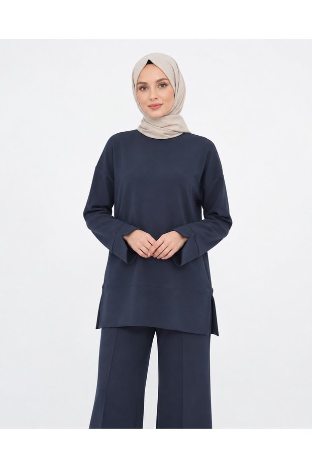 Women's Smoked Slit Detailed Modal Fabric Oversized Hijab Basic Tunic Long Sleeve Sweatshirt