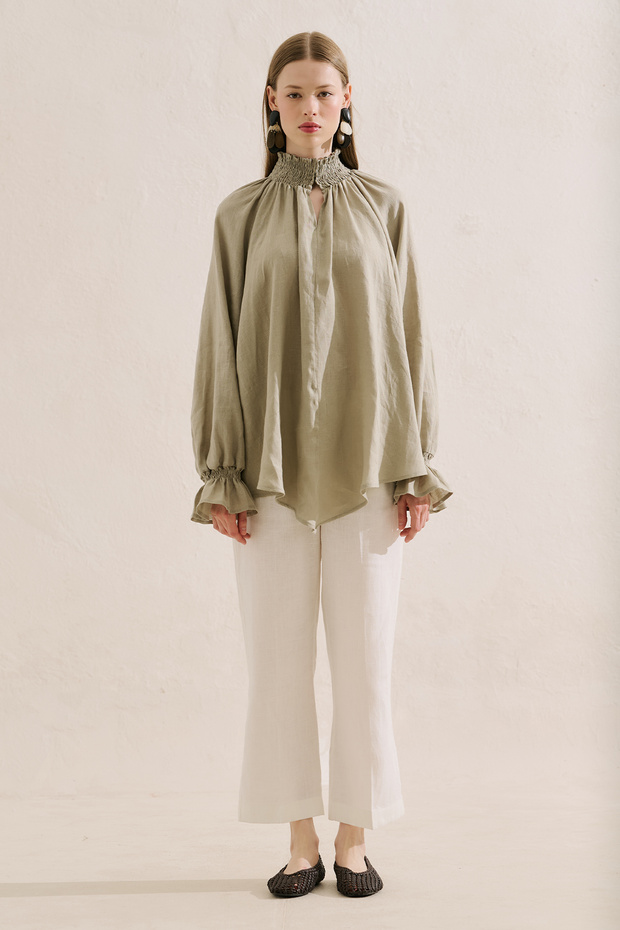 Gi̇peli̇ Linen Balloon Sleeve Blouse Green