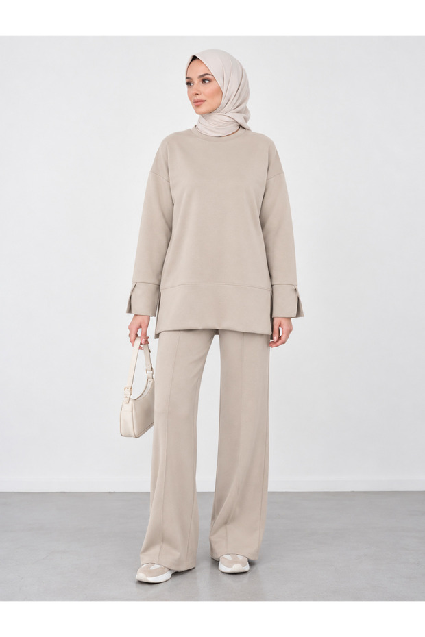 Women's Beige Slit Detailed Modal Fabric Oversize Basic Tunic Long Sleeve Sweatshirt