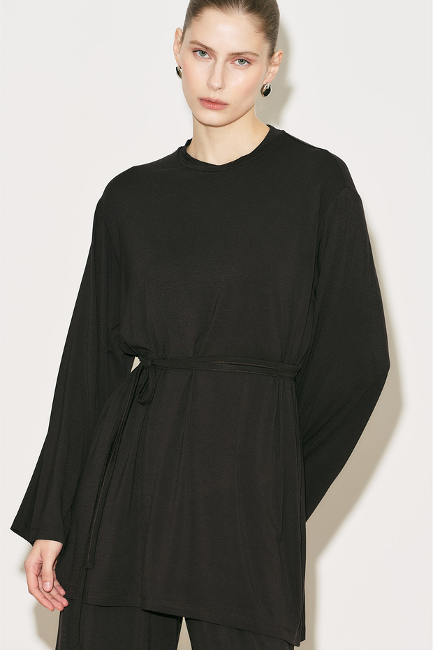 Easy Belted Comfortable Blouse Brown