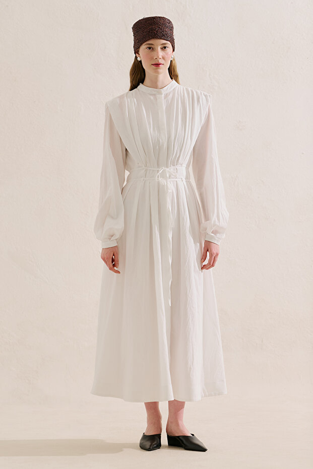 Pleated Belt Detail Long Sleeve Dress Ecru