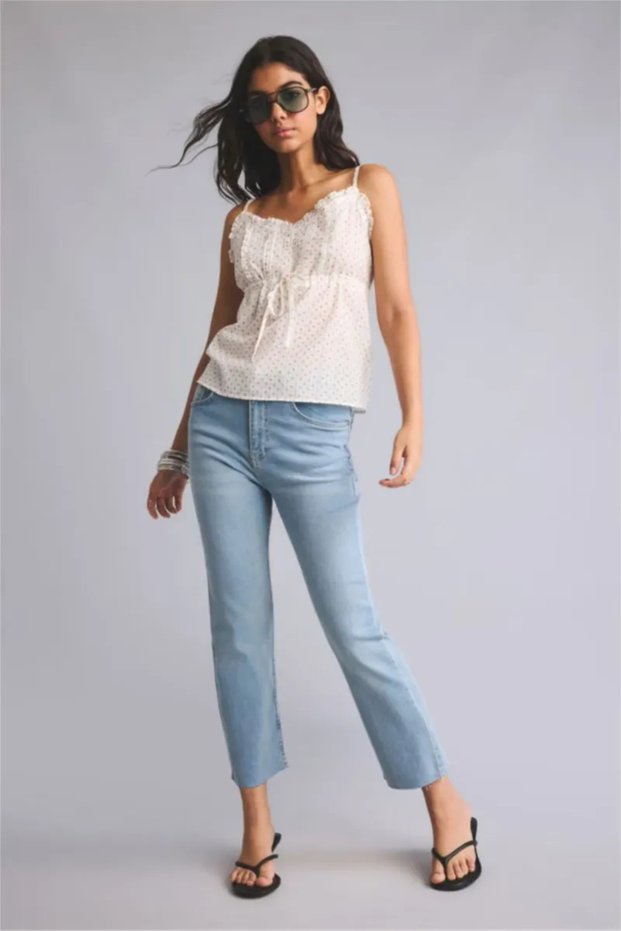 Cotton Crop Flare Fit High Waist Jean Pants - Light Blue