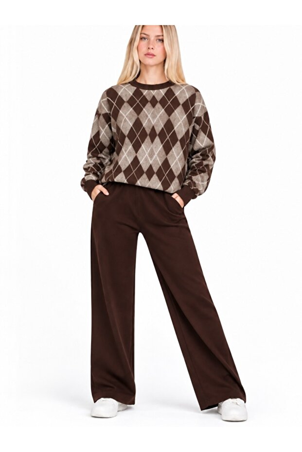 Brown Navy Blue Baklava Crew Neck Oversize Women's Knitwear Sweater