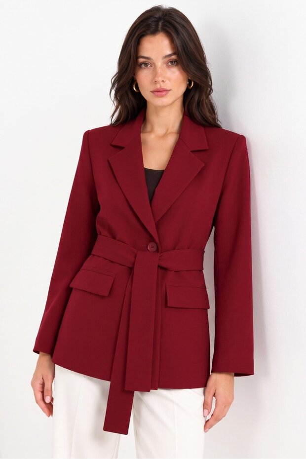Burgundy Women's Single Button Woven Double Breasted Blazer Jacket - Belted