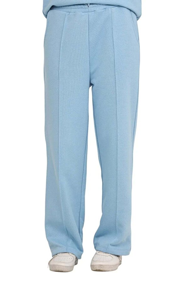 Girl's 3-Thread Combed Cotton Elastic Waist Lace-Up Sweatpants School Pants - Baby Blue