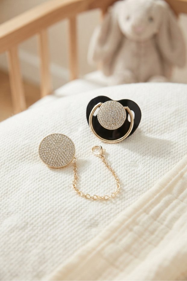 Coated Black Crystal Stone Silicone Pacifier and Chain Set - Ztse042