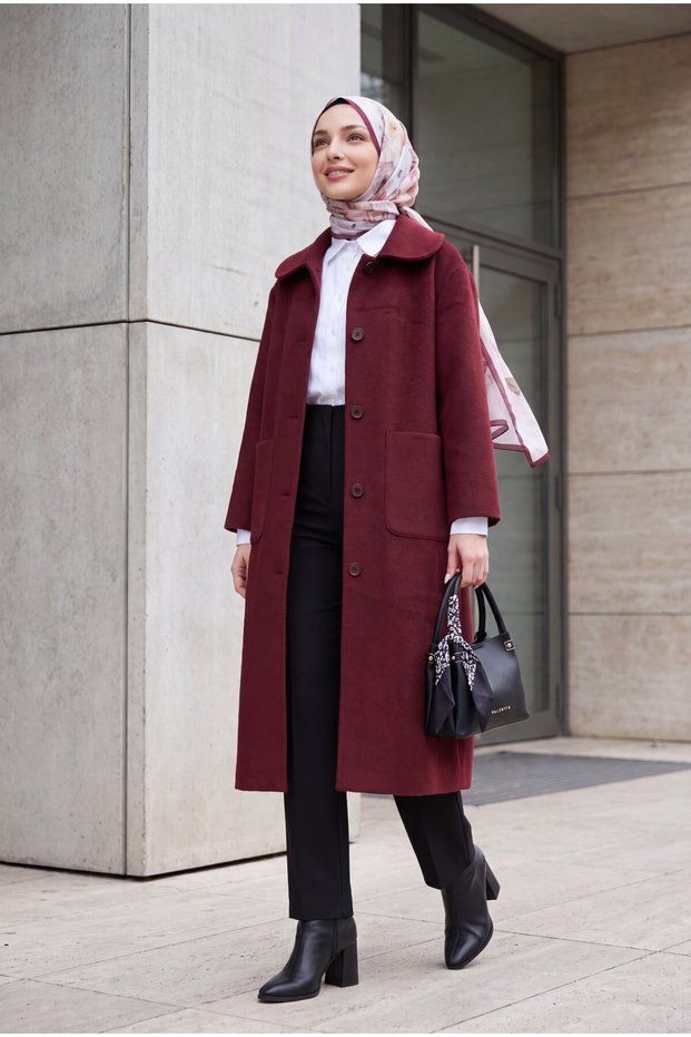 Buttoned Pocketed Coat - Burgundy