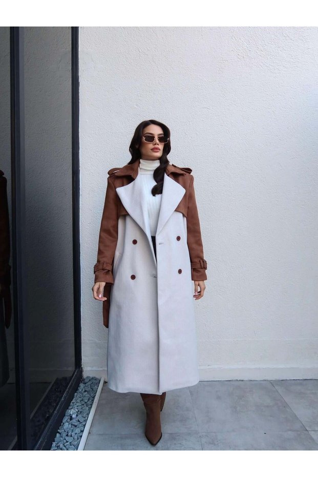 Suede Detail Belted Herringbone Coat