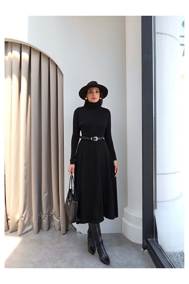 High Collar Belted Long Knit Dress