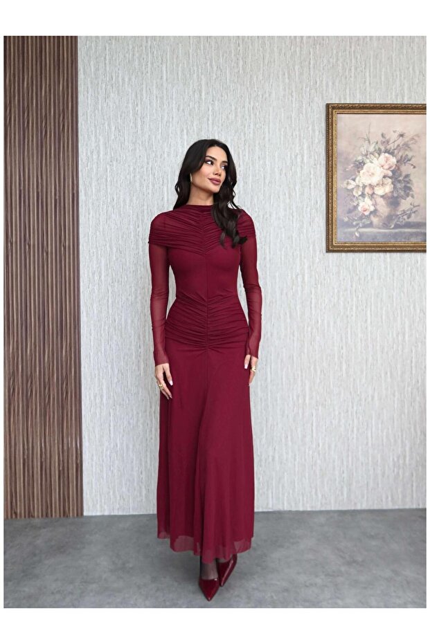 Neck and Waist Ruched Chiffon Long Dress