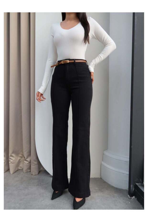 High Waist Grass Stitched Belted Jeans