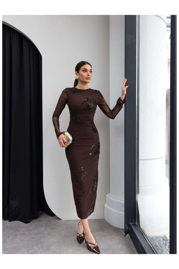 Varaklı Sleeve Sheer Midi Dress