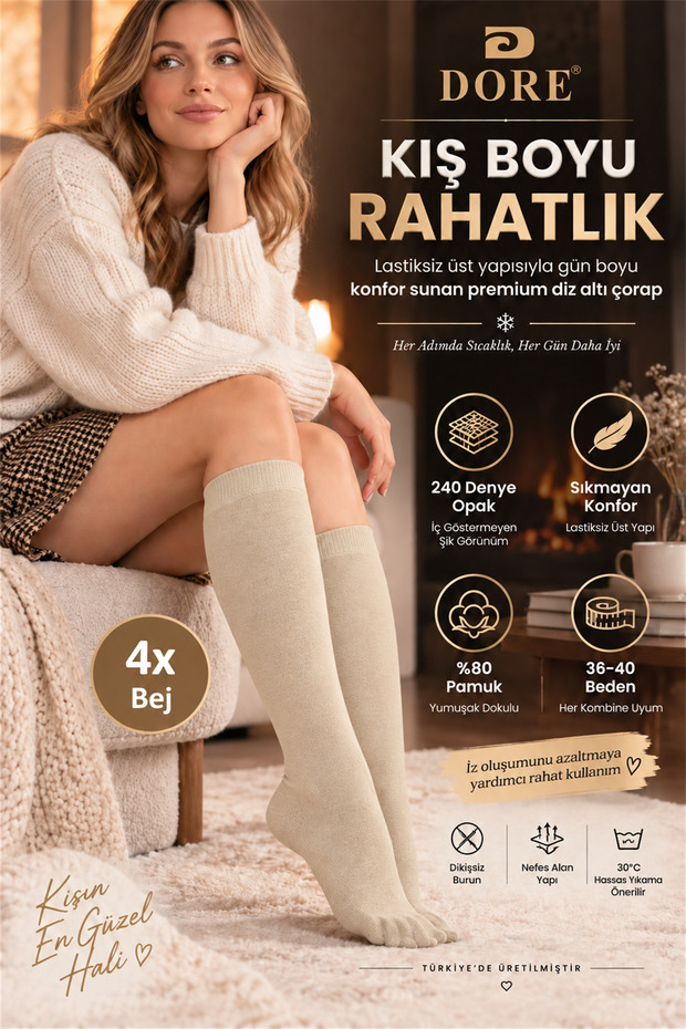 Original Women's 4 Pairs of Premium Cotton Below-Knee Socks, Non-See-Through, Opaque, Non-Rubberized, Non-Pressing, Non-Marking, Breathable, Skin-Friendly, Soft Textured, All-Day Comfort, Luxury Women's Socks | 4-Pack - Beige
