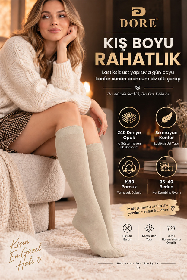 Original Women's Below-Knee Premium Cotton Non-See-Through Opaque Non-Elastic Non-Marking Non-Squeezing Non-Trace Breathable Skin-Friendly Soft Textured All-Day Comfort Luxury Women's Socks | 1 Pair - Beige