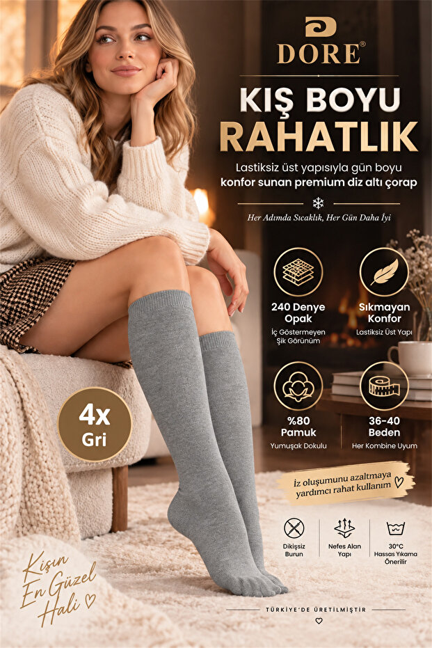 Original Women's 4 Pairs of Premium Cotton Below-Knee Socks, Non-See-Through, Opaque, Non-Rubberized, Non-Pressing, Non-Marking, Breathable, Skin-Friendly, Soft Textured, All-Day Comfort, Luxury Women's Socks | 4-Pack - Gray