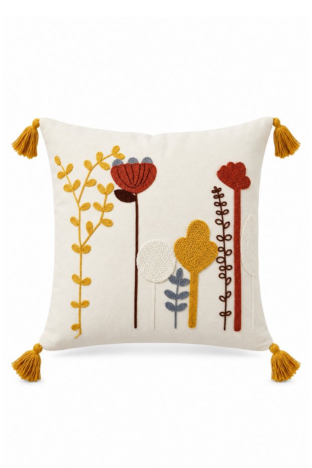 Colorful Cactus Punch Embroidered Decorative Tufted Throw Pillow Cover Cotton 42 X 42 cm