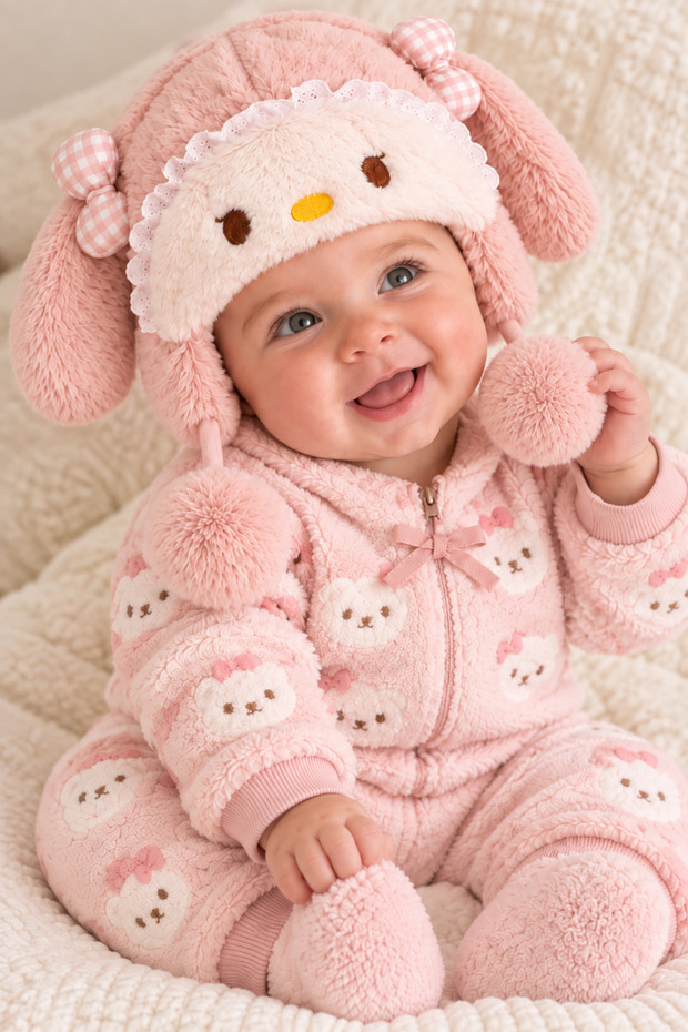 Baby Girl Powder Pink Winter Plush Rabbit Hat | Gift Model with Ears and Pompom