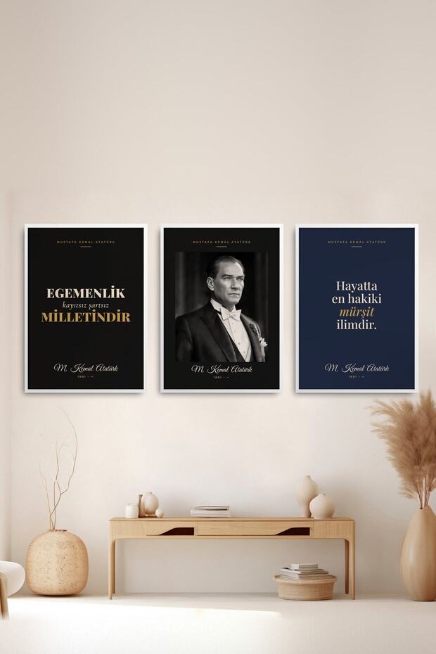 3-Piece Set of Ataturk Portrait and Quotes Framed Paintings for Office Wall Decoration Triata04