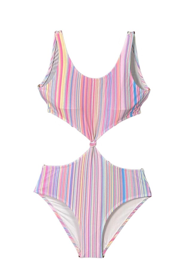 Asami - Multi-Colored Thin Striped Cut-Out Knot Detailed Girls' Swimsuit by Nessi Byrd