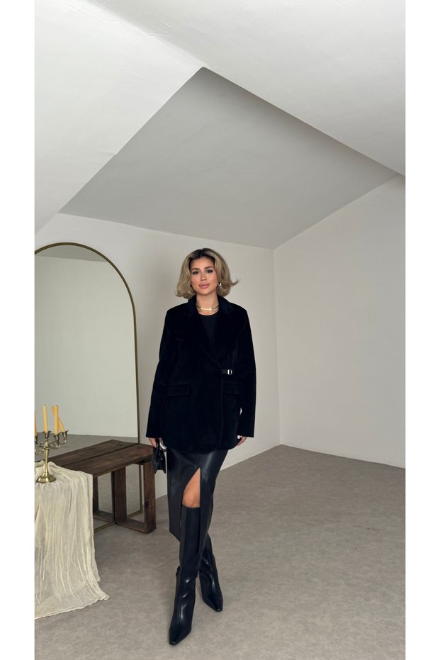 Lined Short Cashmere Leya Jacket with Side Belt Detail