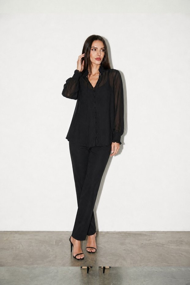 Black collar sleeve and button detailed transparent blouse