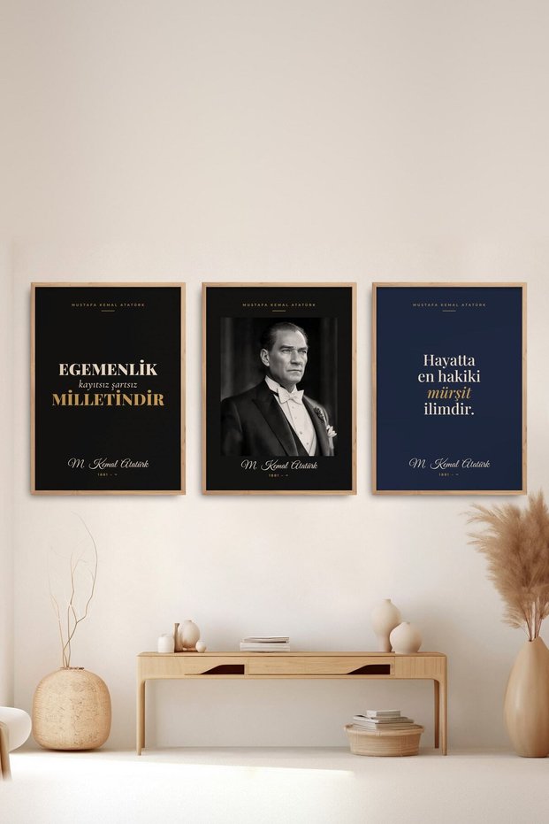3-Piece Set of Ataturk Portrait and Quotes Framed Paintings for Office Wall Decoration Triata04