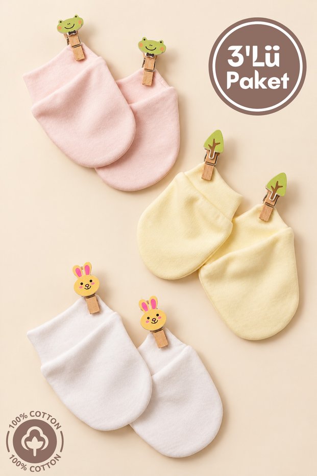 Baby Girl Newborn Combed Organic Cotton Baby Gloves Set of 3 - Salmon